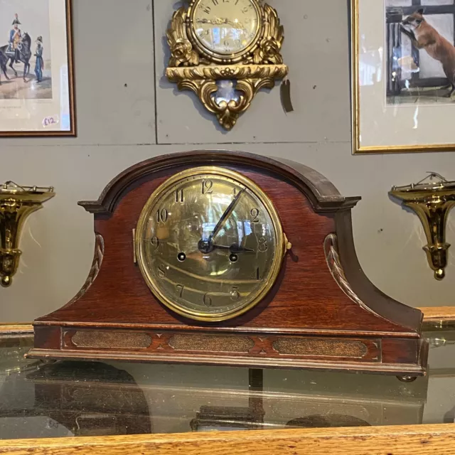 Antique Large Edwardian Brass Dial Mantle Clock Wood Napoleon Hat Mahogany