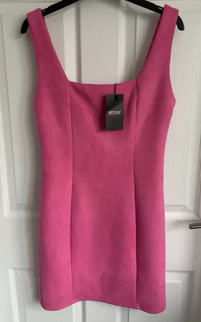 Ladies Pink MISSPAP Faux Suede Square Neck Bodycon Mini Dress - Size 10 BNWT