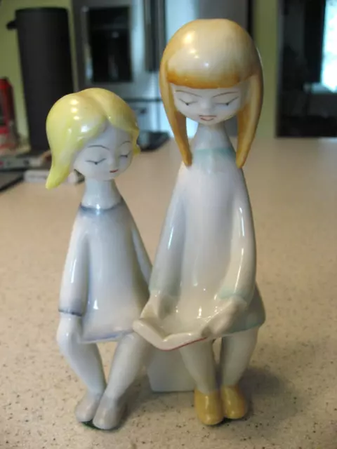 Vintage Hollohaza Porcelain 1960's Kezzel Festett Sitting Sisters Figurine