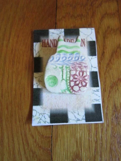 Unique Ceramic Cat Pin Handmade Pink Blue Green 1.75 x 1.25" NEW Free Ship