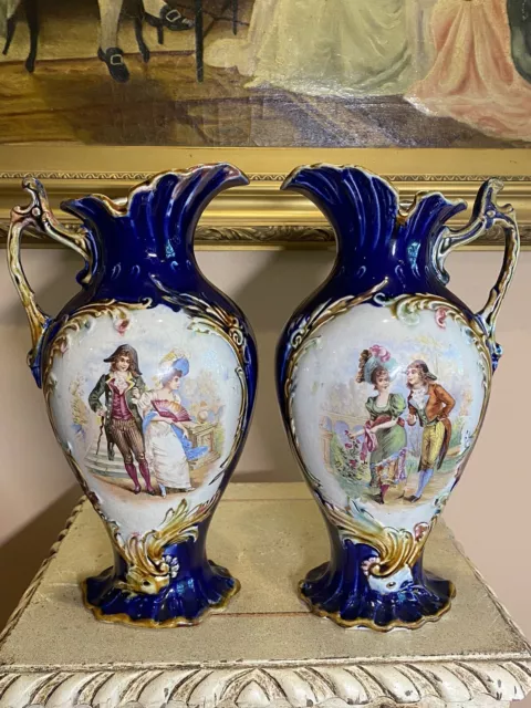 Pair Of French Serves Style Sapphire Glaze Ewer Jugs With Limoges Plaques 2