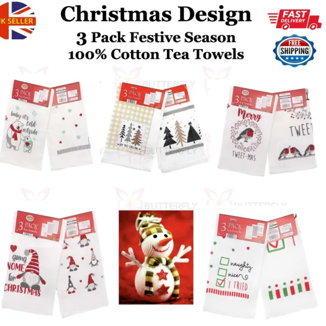 Christmas design Tea Towels 100% Cotton 3 Pack Xmas Festive Santa Snowman Gnome