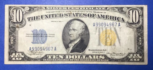 1934A $10 US North Africa "GOLD" Seal! World War II SILVER Certificate! FINE!