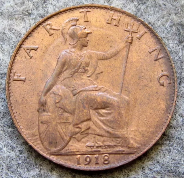 GREAT BRITAIN King GEORGE V 1918 FARTHING SEATED BRITANNIA UNC km# 808