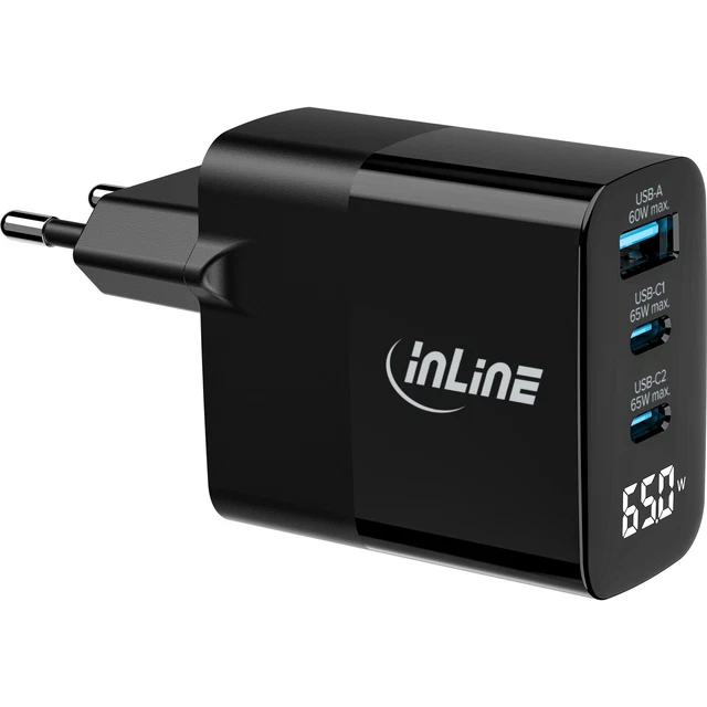 InLine Caricatore USB GaN 65W A 3 Porte (2 USB-C + 1 USB-A) - PD3.0, QC4+, Caricatore Rapido Per MacBook, IPhone, IPad