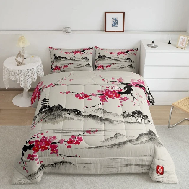 Cherry Blossoms All Season Bedding Set Japanese Fuji Mountain Comforter Set f...