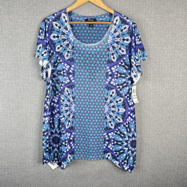 Style Co Woman Mosaic Tile Top Blouse Womens 1X Embellished Short Sleeve New