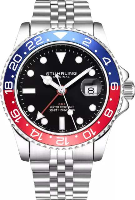 Stuhrling Aqua-Diver 3968 Quartz Homme Argent Montre Bracelet Noir