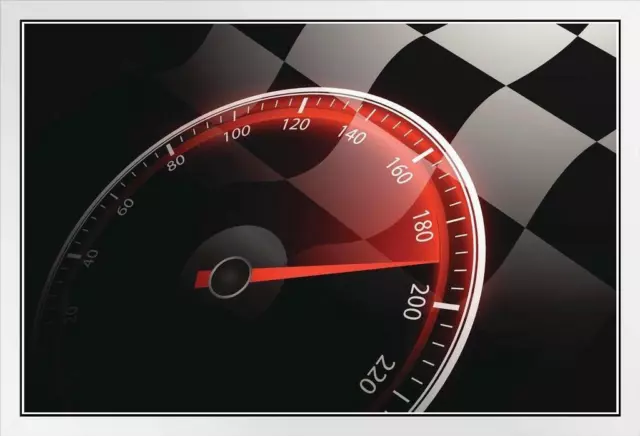 Chequered Flag and Speedometer Auto Racing White Wood Framed Poster 20x14