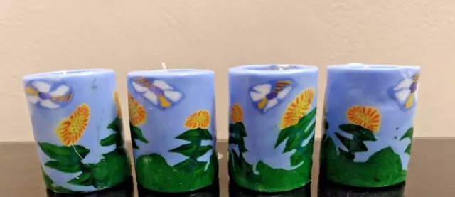 Set of 4 Flower Candles Bees Hippie Stained Glass Psychedelic