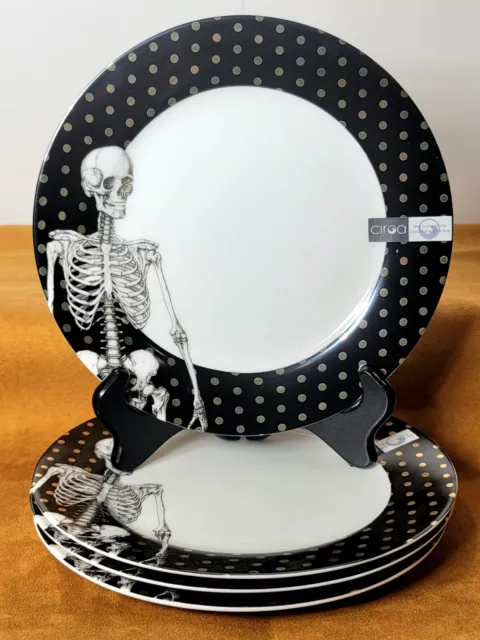 Ciroa "Wicked" Skeleton Bone China w/Metallic Gold Dots S/4 Salad Plates NWT!