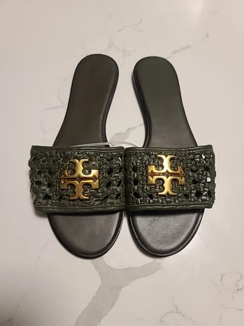 Tory Burch Womens Everly Slide Sandal Green Nappa Leather Braided Gold Logo 10.5