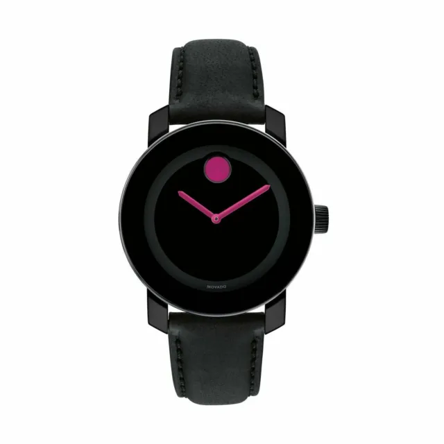 Movado Bold Black and Pink Accents Dial Ladies Leather Strap Swiss Watch 3600482
