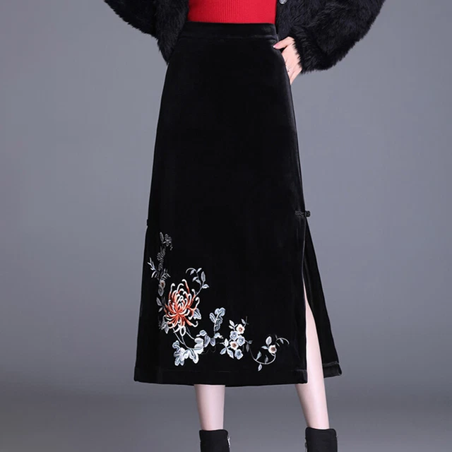 Donna Pleuche Gonne a-Line Floreale Ricamo Alto Elastico Vita Spacco Laterale