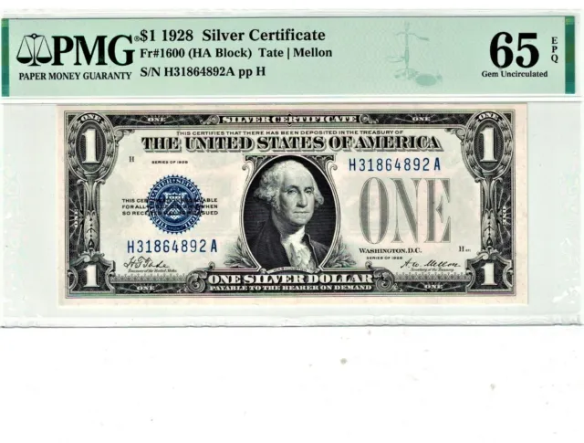 1928 Silver Certificate $1 UNNYBACK Fr 1601 HA Block PMG 65 EPQ