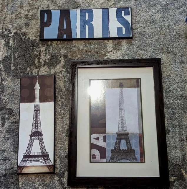 Paris Decorations 3 Piece Lot. Framed Picture 23.5"X 17.5" Two Wooden 18.5x6.5"