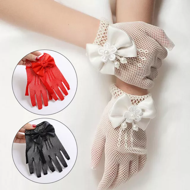 Flower Ornament Short Gloves Full Fingers Mittens Lace Pearl Fishnet Gloves~