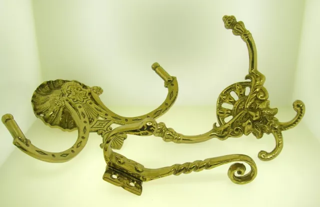 Lot Of 3 Pc's Large In Size Vintage Solid Brass Wall Coat Hooks Made In Portugal