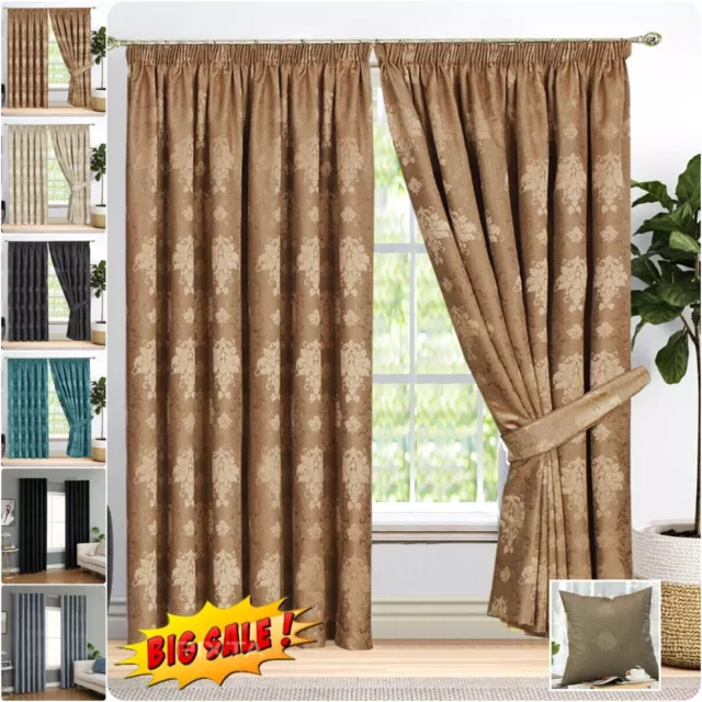 Luxury Pencil Pleat Jacquard Tape Top Pair of Curtains Ready Made Free Tiebacks