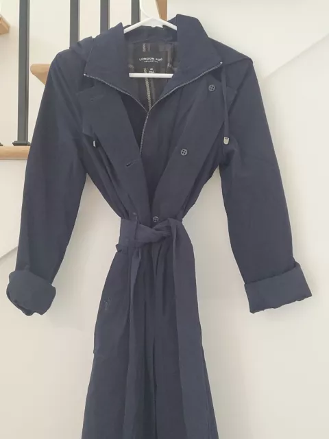 London Fog Hooded Maxi Trench Coat Sz XXS $300 NAVY 2