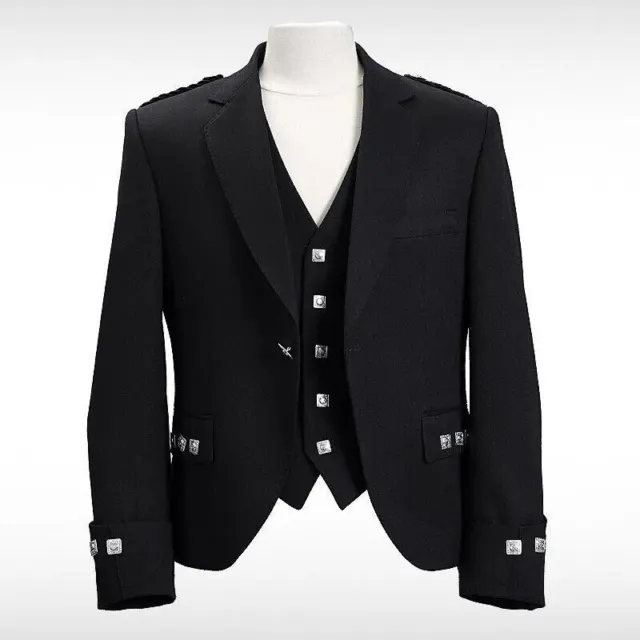 New Black Argyle Kilt Jacket With Vest Scottish Argyll 100% Wool Jacket For Men