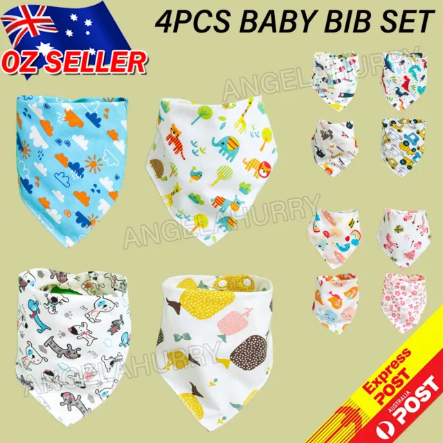 4pcs Baby Bib Set 100% Cotton Kid Boy Girl Triangle Bandana Gift Adjustable NE