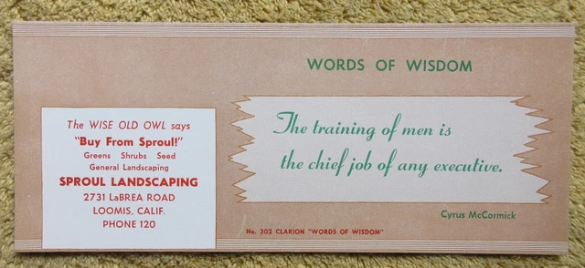 VTG. 1950's SPROUL LANDSCAPING ADV.INK BLOTTER - WORDS OF WISDOM SERIES