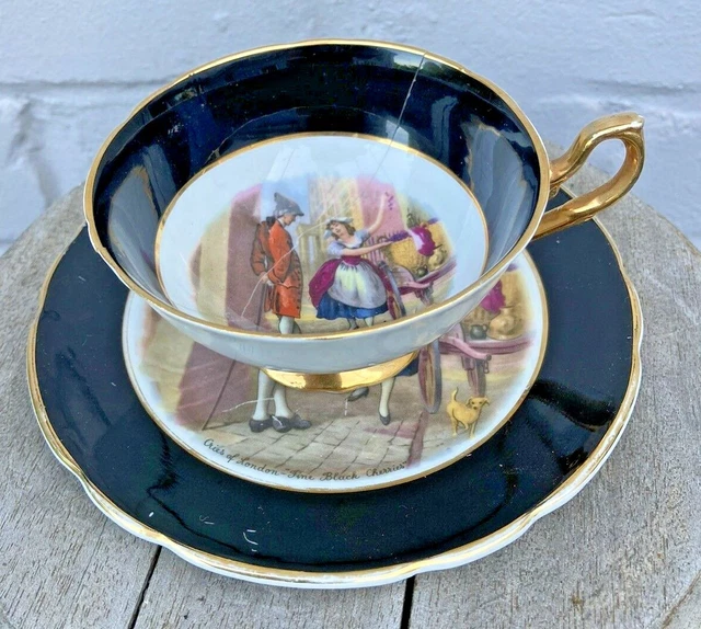 Vintage Regency China "Cries of London" Black & Gilt Tea Cup & Saucer
