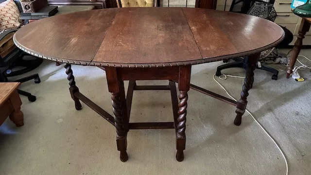 Antique c1900s English Oak Drop Leaf Gateleg Oval Dining Table Barley Twist Legs