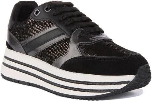 GEOX D Kency Lacet Cuir Chaussures Plateforme Noir Blanc Femmes UK 3 - 8