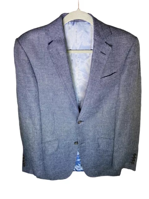 Richard James Savile Row Blue Houndstooth Linen Wool 2 Button Blazer Size 36R