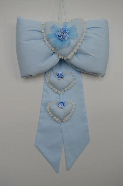 Fiocco Nascita Colore Celeste Con Cuori Cotone Piquet E Pizzo Valenciennes