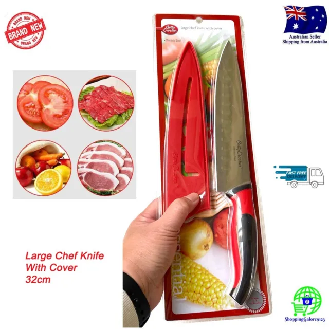New Betty Crocker Large Chef Knife with Cover 32cm Stainless Steel Red