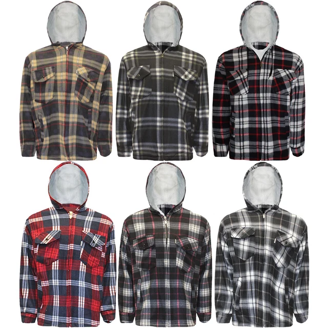 Mens Sherpa Fur Fleece Lined Hoodie Jacket Lumberjack Padded Hooded Work Shirt