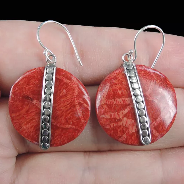 Pendientes redondos de plata esterlina 925 de coral rojo natural joyería,...