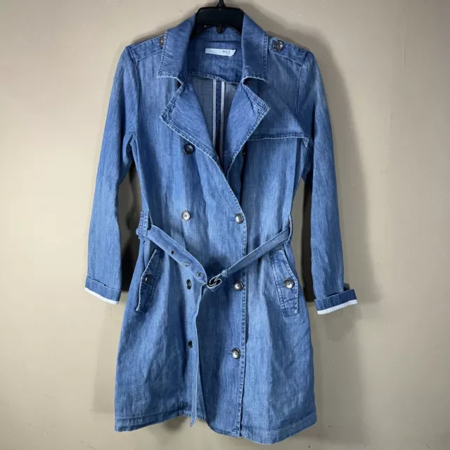 MAX JEANS Denim Trench Coat Women’s Size Small Light Wash Belted Y2K Preppy