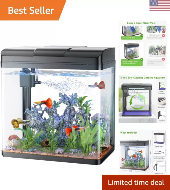 Small Fish Tank Starter Kit - 3 Gallon Glass Aquarium with LED Lights & Filter