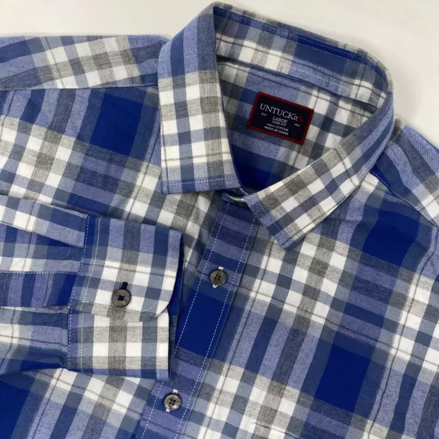 UNTUCKit Fiano Slim Fit L Cotton Blue White Plaid Long Sleeve Button Front Shirt