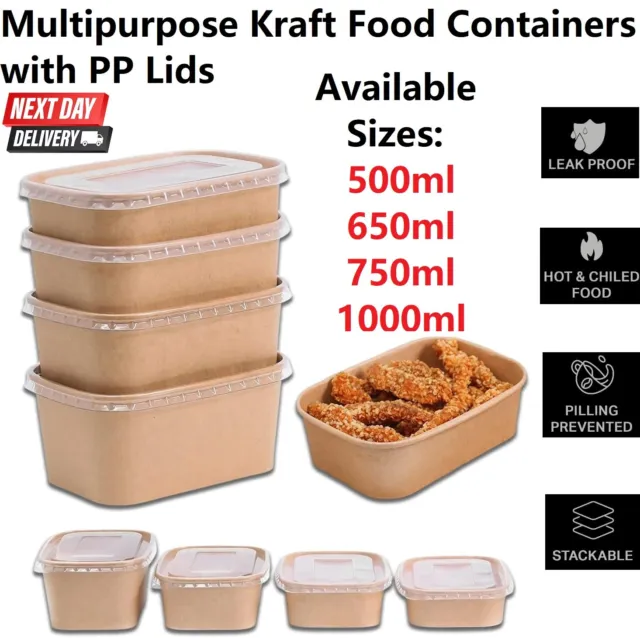 Kraft Food Containers with Lids Rectangular Takeaway Box Microwave Freezer Safe