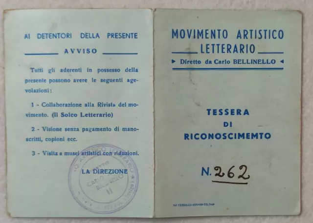 Tessera Movimento Letterario Bellinello 1953 Napoli Grignano Polesine Rovigo