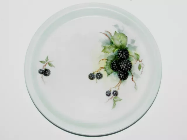 SIGNED Vintage Hand Painted PORCELAIN Deep PLATE Low Bowl w/ BLACKBERRIES #487