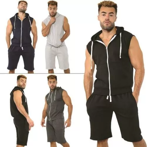 Hommes sans Manche à Capuche Survêtement Débardeur Short Bas Gym Gilet Ensemble