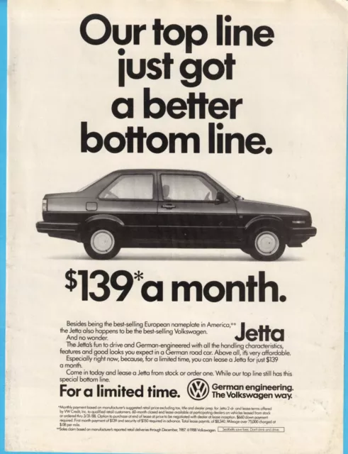 Volkwagen Jetta Car 1988 Print Ad German Engineering $139 a Month Bottom Line