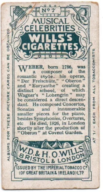 SINGLE ORIGINAL WILLS CIGARETTE CARD MUSICAL CELEBRITIES 1911 No.7 WEBER 2