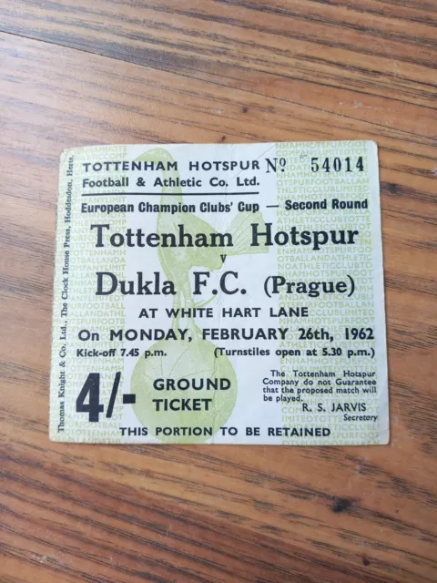 1962 European Cup Quarter Final Ticket – Tottenham / Spurs vs Dukla Prague
