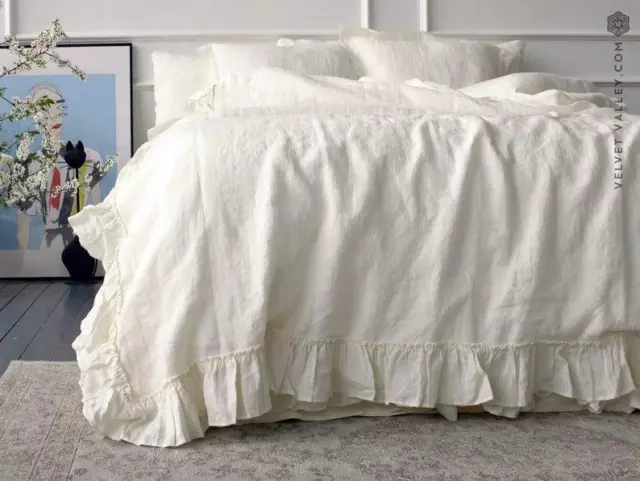 White comforter cover -White ruffle bedding-Ruffled antique white queen/king siz