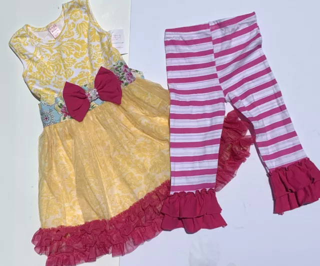 Giggle Moon Pink Yellow Tunic Dress Legging Pant Ruffle Set Sz 8 Sweet Honey NWT