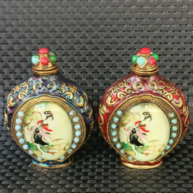 Antique Luminous Classical Beauty Tibetan Silver Cloisonné Snuff Bottle 2pcs