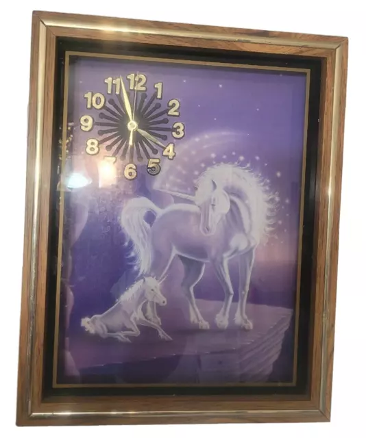 Vtg 80s Sue Dawe Unicorn Wall Clock Wood Fantasy Quartz Shadowbox Dawe Foal Colt