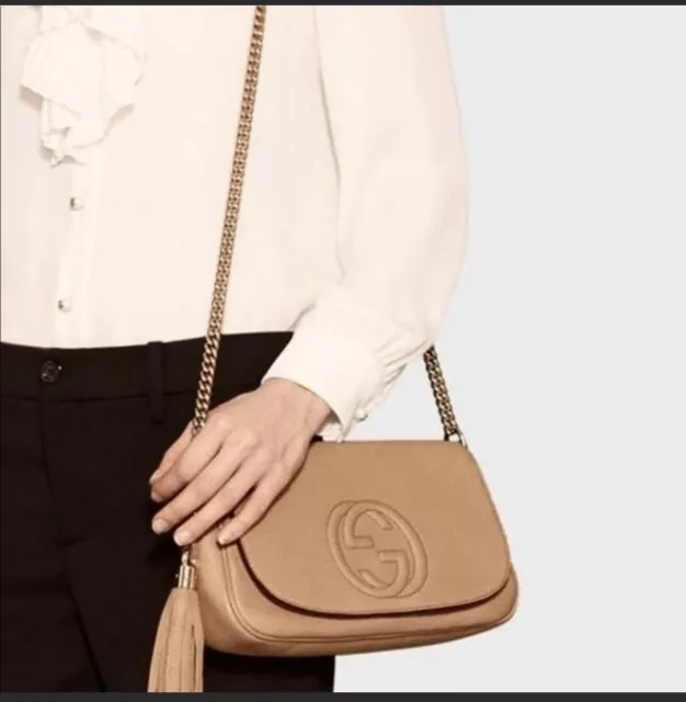 Gucci Soho Camelia Rose Beige Light Tan Leather shoulder bag New: Handbags